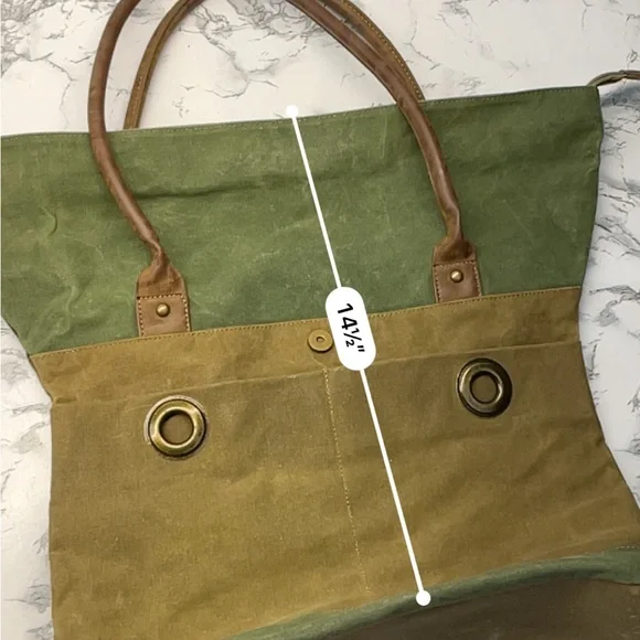 Green and Tan Structured Tote with Gold Hardware - Picture 12 of 16
